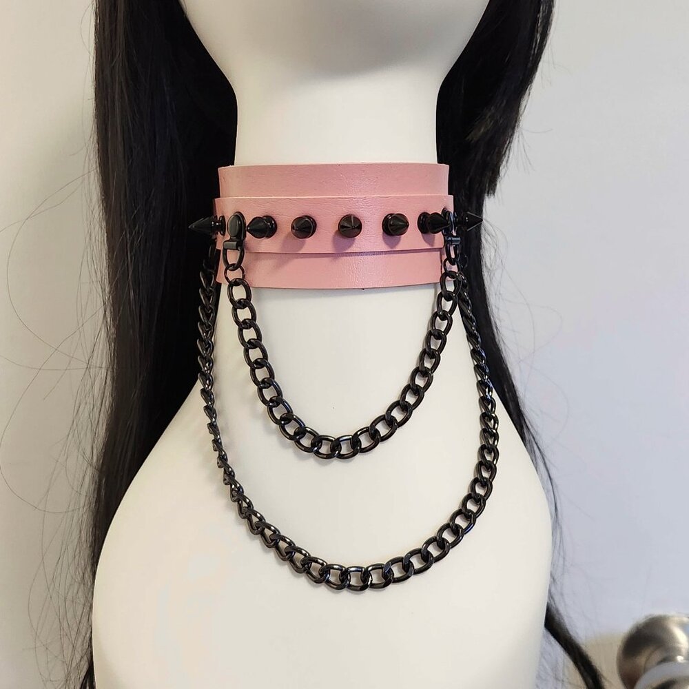 Pink choker necklace / fashion collar with black spikes and black chains